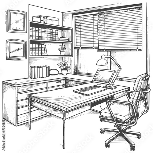 Hand drawn sketch of a modern home office with a large desk, comfortable chair, computer, lamp, and bookshelves.