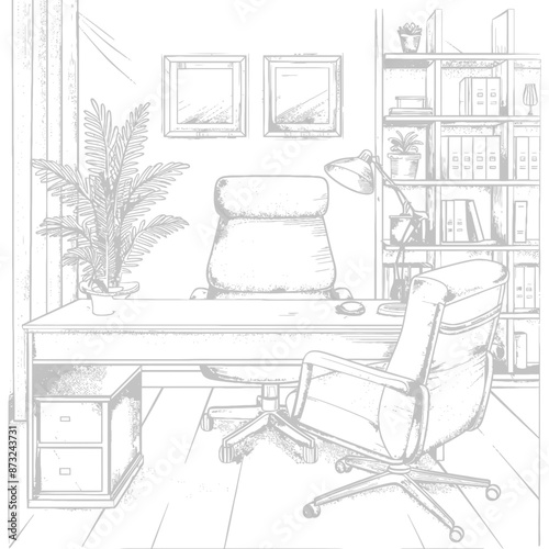 Modern home office interior with large desk, comfortable chair, and stylish bookshelf