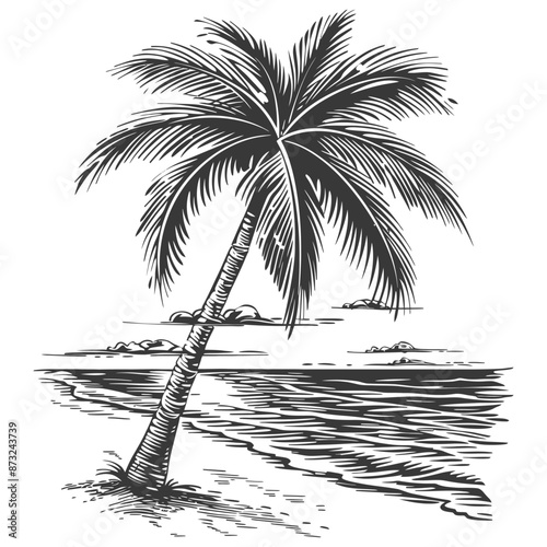 Detailed Etching of a Solitary Palm Tree on a Tropical Beach