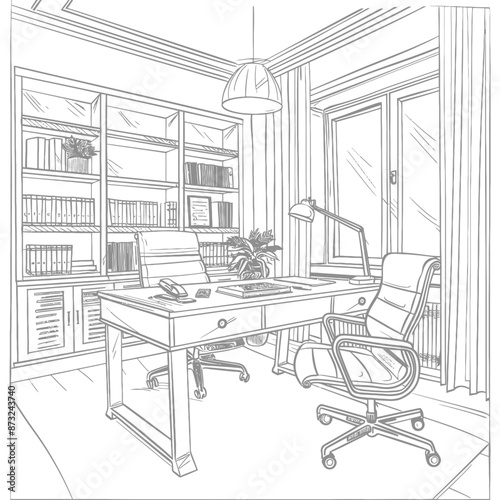 Modern home office interior design with large desk, comfortable chair, computer, lamp, and bookshelves.