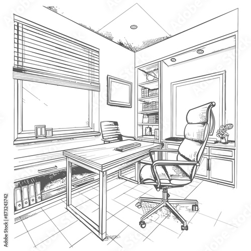 Modern Office Interior Design with Desk, Chair, and Bookshelf