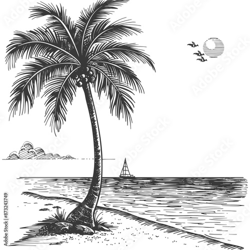 Detailed sketch of a tropical beach with palm trees and sailboat