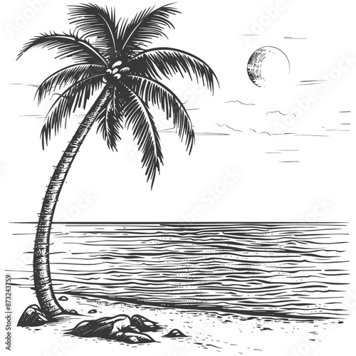 Detailed Sketch of Coconut Palm Tree on Tropical Beach with Moon