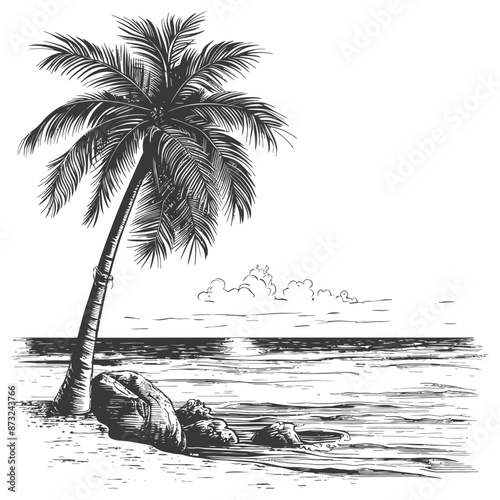 Detailed Sketch of a Solitary Palm Tree on a Rocky Beach by the Ocean