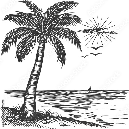 Detailed Etching of Tropical Beach with Palm Tree and Sun
