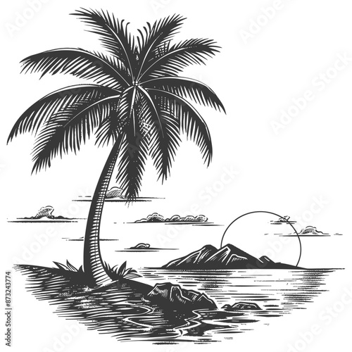 Detailed sketch of a tropical beach with palm tree, mountains, and sunset