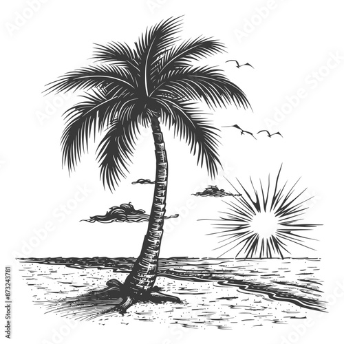 Detailed Sketch of a Solitary Palm Tree on a Tropical Beach at Sunset