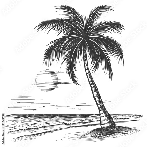 Detailed Sketch of a Solitary Palm Tree on a Tropical Beach at Sunset