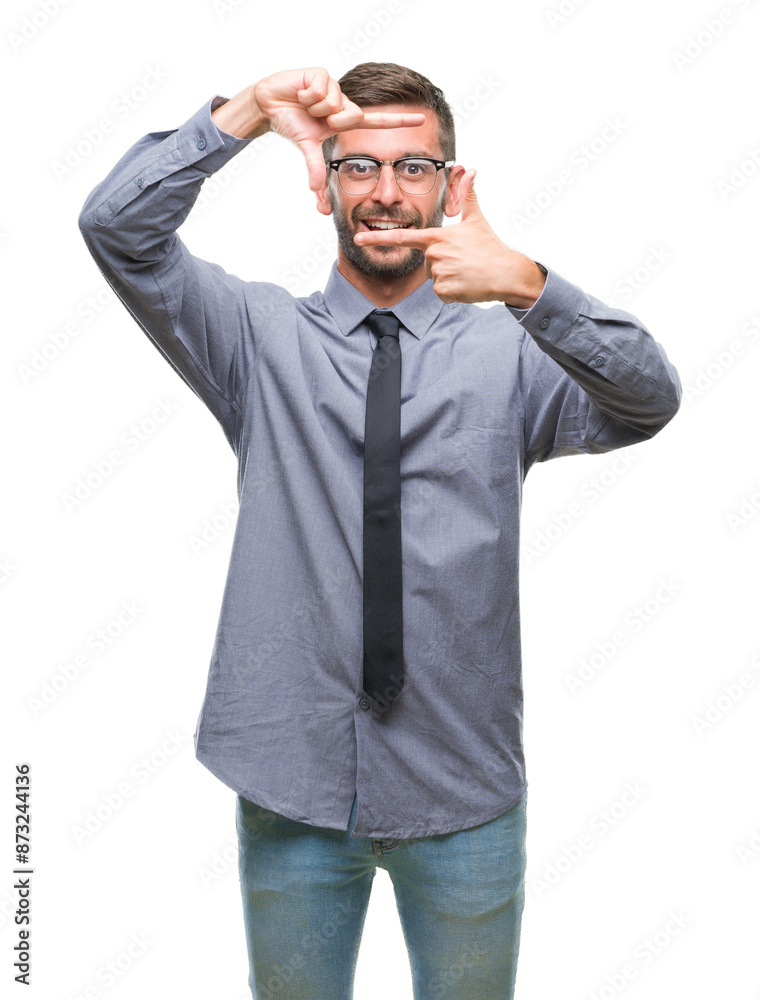 Young handsome business man over isolated background smiling making frame with hands and fingers with happy face. Creativity and photography concept. Young handsome business man over isolated background smiling making frame with hands and fingers with happy face. Creativity and photography concept.