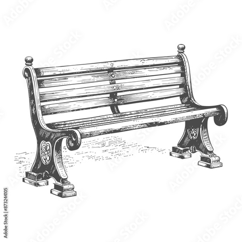 Detailed Sketch of a Wooden Park Bench with Ornate Legs