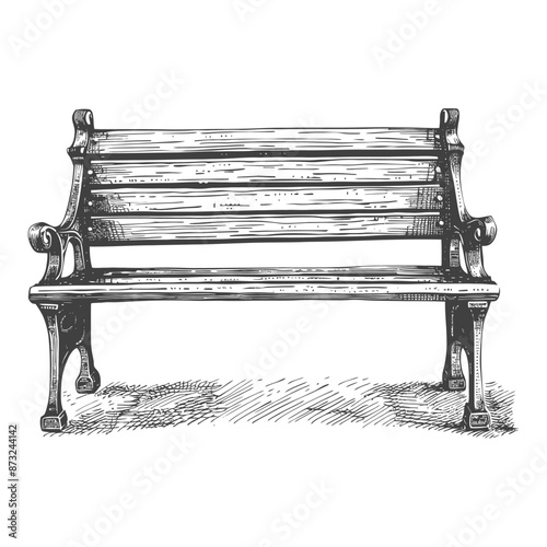 Detailed Sketch of a Wooden Park Bench with Ornate Armrests