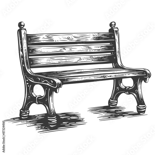 Detailed Sketch of a Wooden Park Bench with Ornate Metal Legs