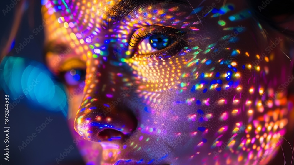 A closeup of a dancers face lit up by the vibrant and constantly shifting quantum dot lights. A closeup of a dancers face lit up by the vibrant and constantly shifting quantum dot lights.