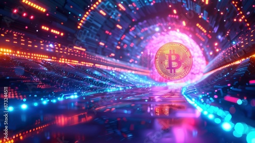 A low-poly 3D rendering of a bitcoin coin floating in a futuristic digital environment, with abstract shapes and vibrant neon lights, illustrating the modern world of cryptocurrency