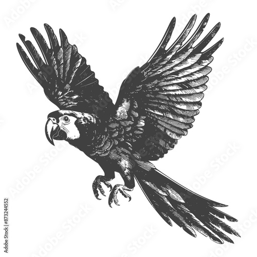 Detailed sketch of a parrot with outstretched wings in flight