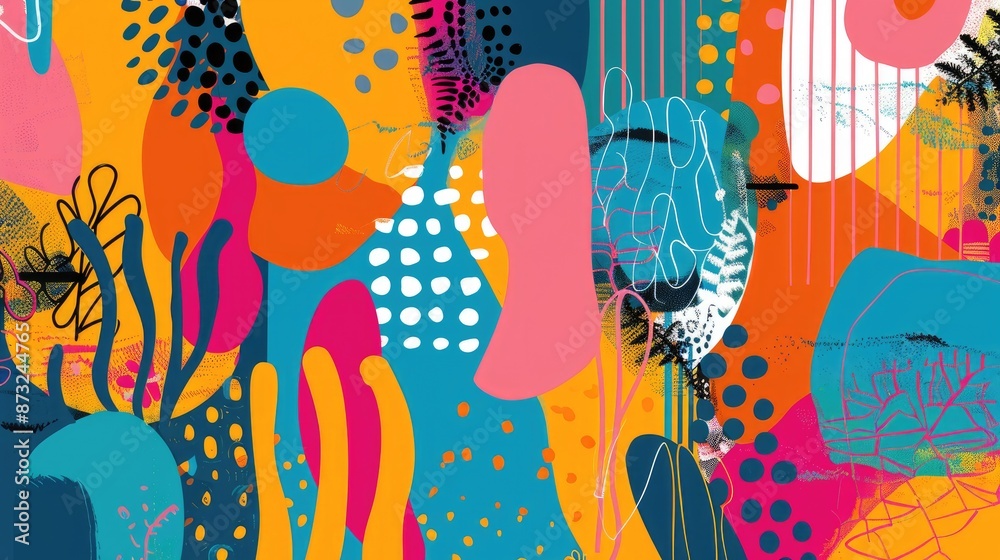 An abstract granny banner background featuring a mix of bright colors and dynamic patterns, capturing a whimsical and cheerful essence