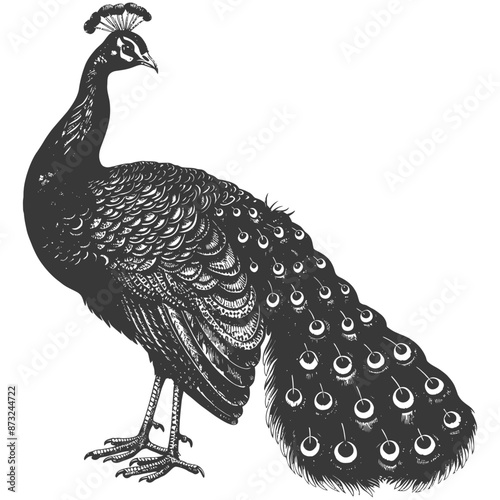 Monochrome Engraving of a Majestic Peacock in Profile