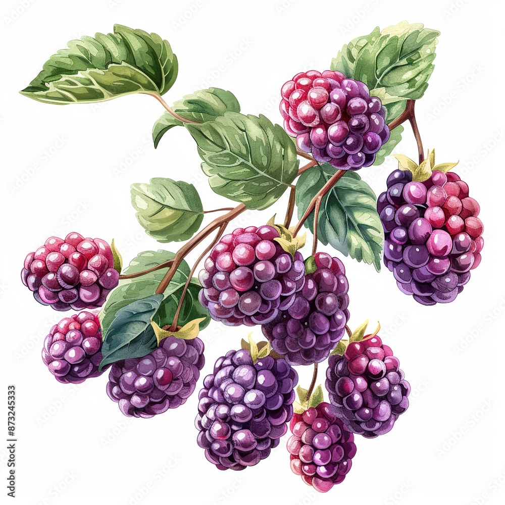 Fresh Ripe Blackberries on Branch with Leaves isolated white background Fresh Ripe Blackberries on Branch with Leaves isolated white background