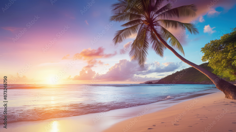 Fototapeta premium Beautiful tropical beach with palm tree at sunset