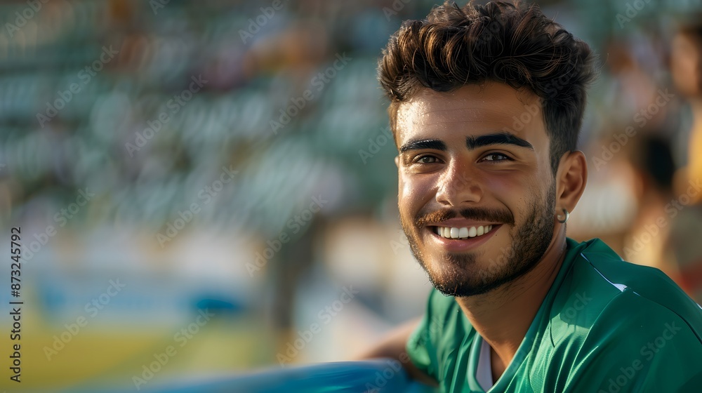Portrait smiling football player in a green Jersey while standing in football stadium Portrait smiling football player in a green Jersey while standing in football stadium