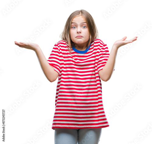 Young beautiful girl over isolated background clueless and confused expression with arms and hands raised. Doubt concept.