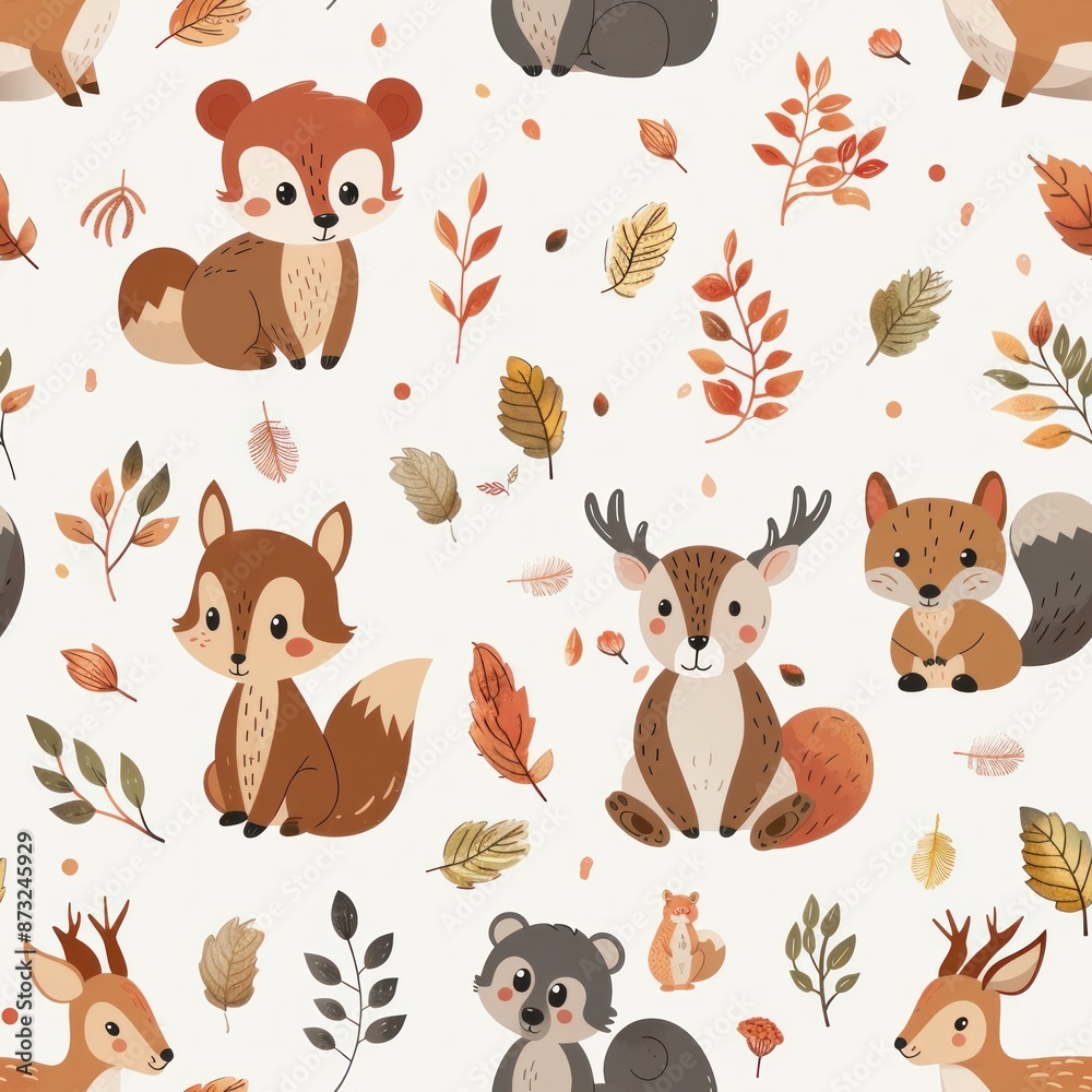 Delightful seamless pattern of forest animals such as bears, deer, and squirrels in a cartoon style. The 2D illustration is designed with a soft color palette, making it perfect for baby products, Delightful seamless pattern of forest animals such as bears, deer, and squirrels in a cartoon style. The 2D illustration is designed with a soft color palette, making it perfect for baby products,