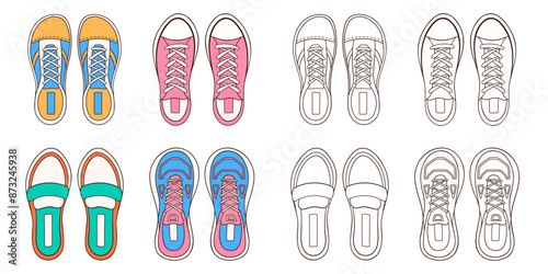 Female, women sneakers set in cartoon. Line art casual shoes icon. Design for coloring book. Vector illustration isolated on a white background.