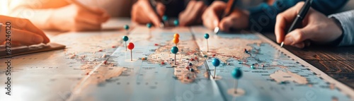 Diverse group of entrepreneurs plotting a market entry strategy with maps and pins, strategic planning, market expansion and strategy
