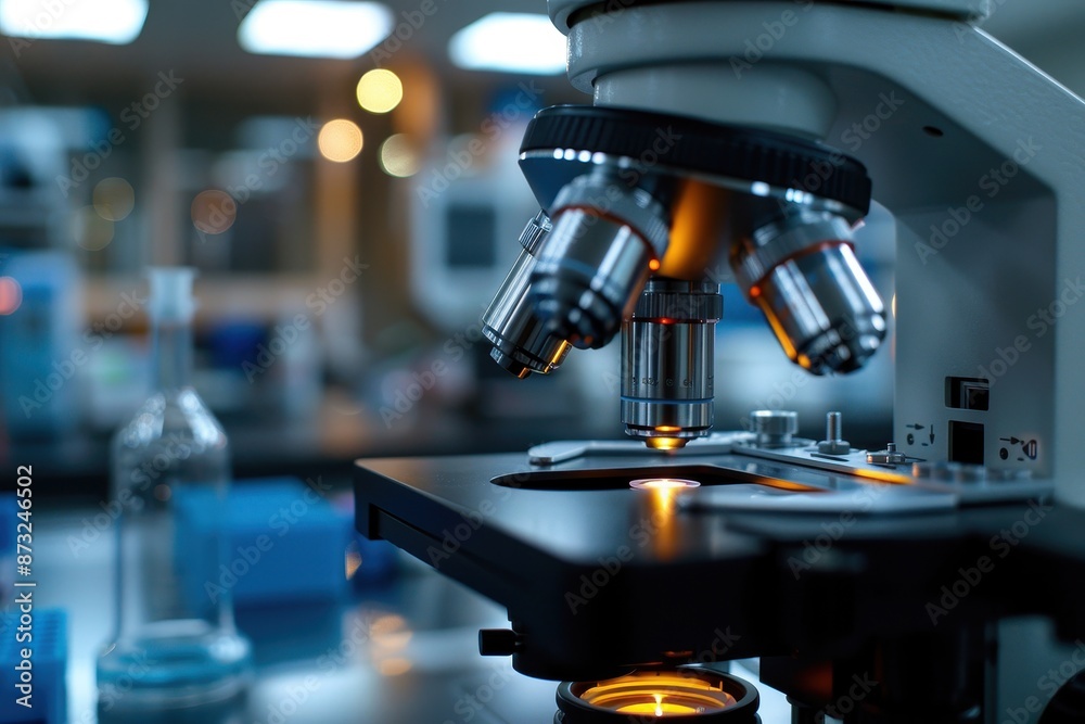 Microscope in a lab, close-up, focus on medical research, illustration background Microscope in a lab, close-up, focus on medical research, illustration background