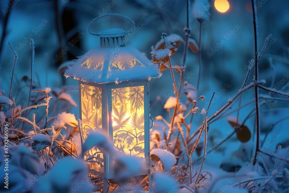enchanted winter lantern intricate frost patterns forming magical scenes glowing amidst swirling snow spirits enchanted winter lantern intricate frost patterns forming magical scenes glowing amidst swirling snow spirits
