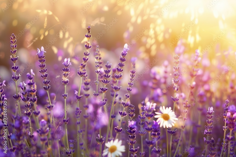 Fototapeta premium enchanting lavender field in full bloom dotted with colorful wildflowers golden sunlight bathes the scene creating a magical summer landscape filled with purple hues and natural beauty