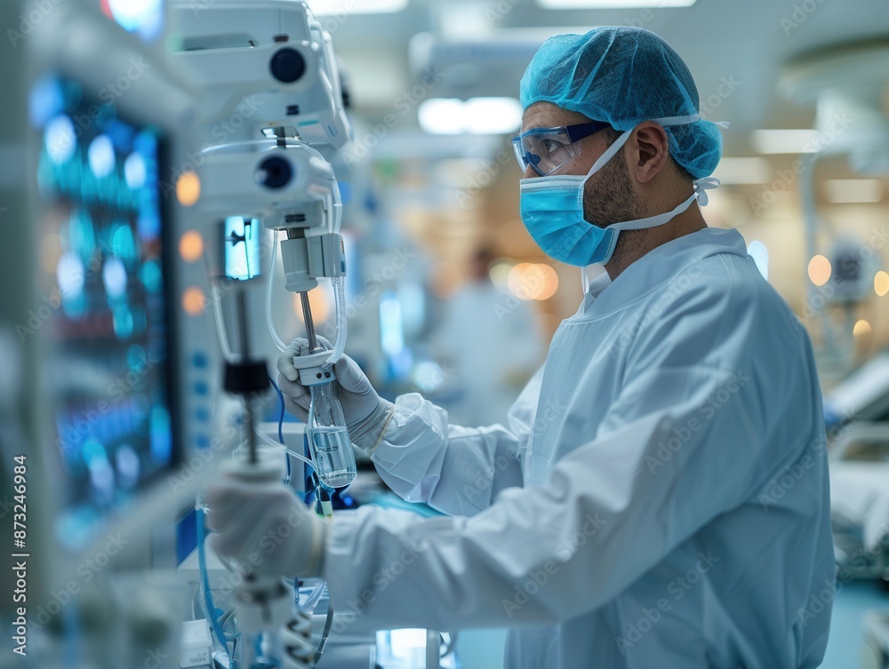 Professional Doctor Examining Patient in Pristine Hospital Room with Medical Equipment in the Background - Healthcare Concept with Blue Tint and Bokeh Effect Professional Doctor Examining Patient in Pristine Hospital Room with Medical Equipment in the Background - Healthcare Concept with Blue Tint and Bokeh Effect