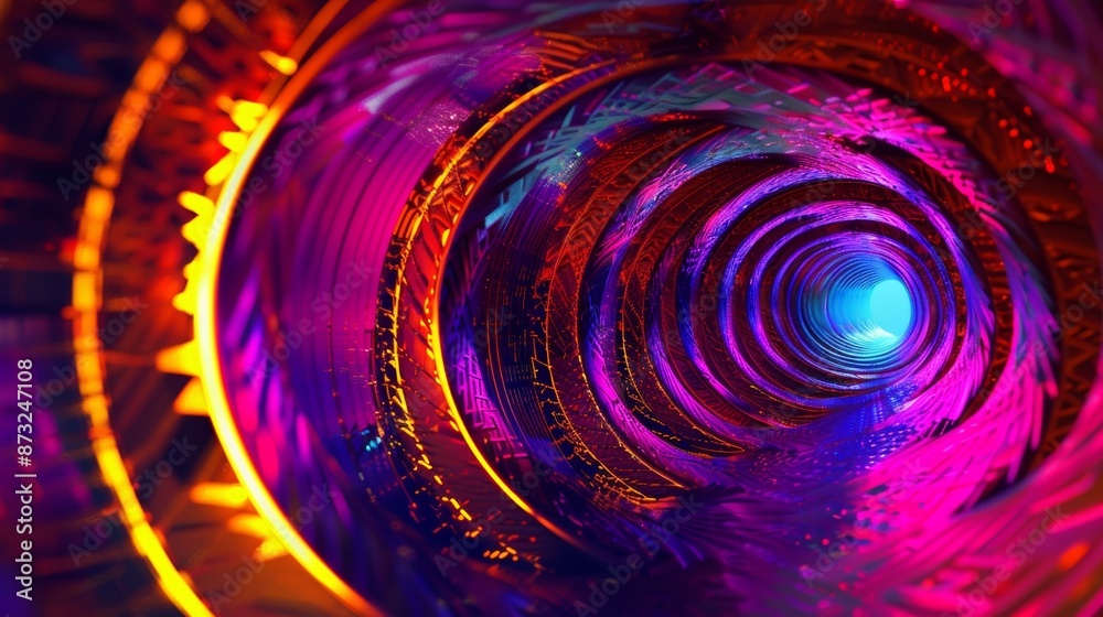 Obraz premium A series of pulsing neon tunnels that twist and turn in a spiral simulating the quantum leap experience.