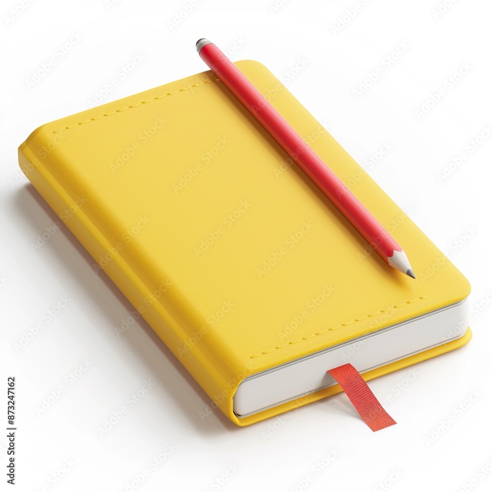 Yellow notebook with red pencil on grey background Yellow notebook with red pencil on grey background