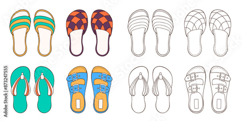 Male shoes collection for summer and home in cartoon. Hand drawn, sketch casual footwear for man. Design for coloring book. Vector illustration isolated on a white background.