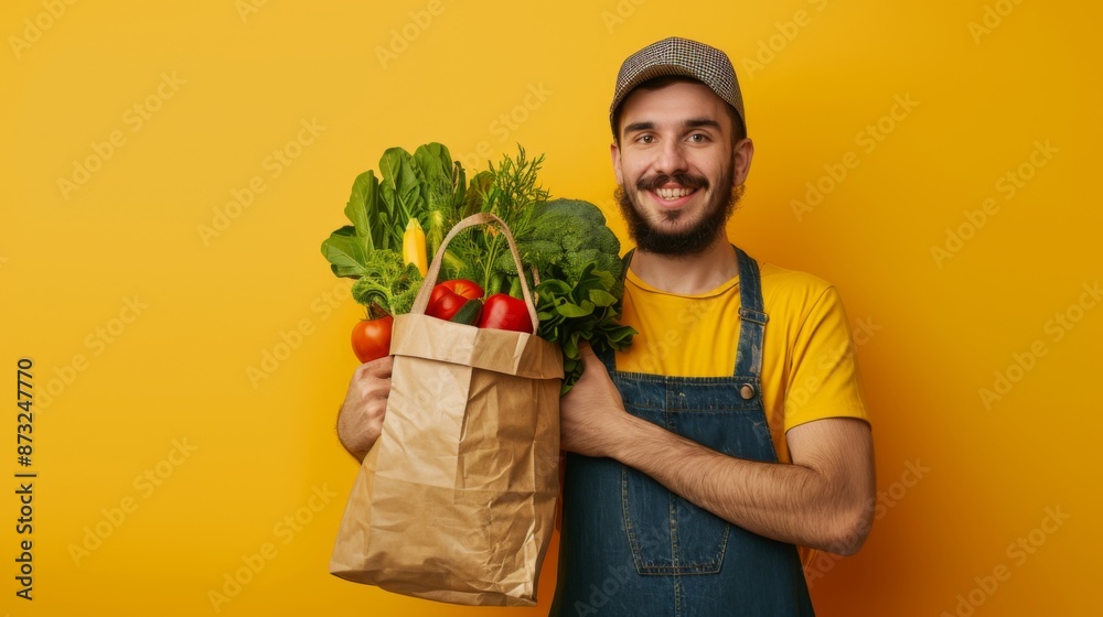 A cheerful delivery man in a yellow uniform holds a paper bag filled with fresh vegetables against a yellow background. With copy space for text. A cheerful delivery man in a yellow uniform holds a paper bag filled with fresh vegetables against a yellow background. With copy space for text.