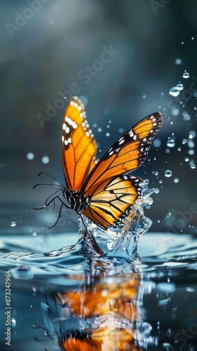 Monarch butterfly gently touching the surface of water, creating a small splash