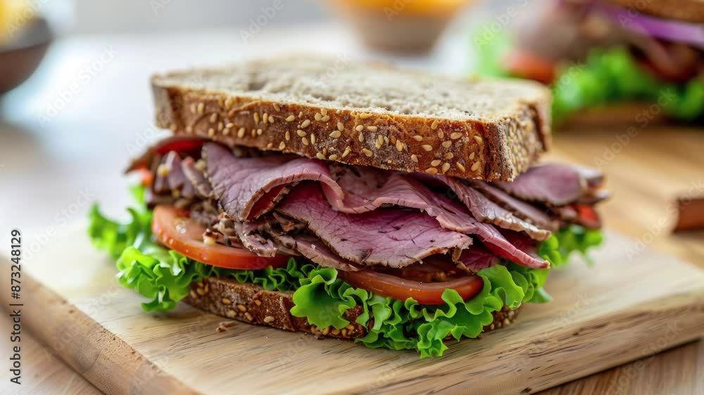 Zooming in on a Delicious Roast Beef Sandwich on a Wooden Table Zooming in on a Delicious Roast Beef Sandwich on a Wooden Table
