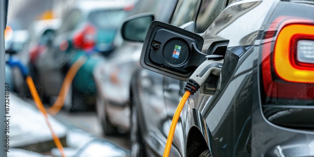 A close-up photo of an electric car charging its battery at a charging station. Sustainable and green travel concept. A close-up photo of an electric car charging its battery at a charging station. Sustainable and green travel concept.