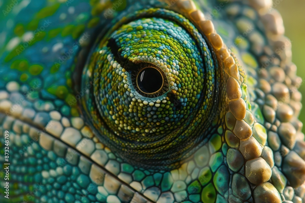 Obraz premium extreme closeup of chameleons eye and textured skin vibrant green and blue hues hyperdetailed scales and intricate patterns