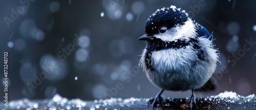  A blue-and-white bird perches atop a snow-covered wooden table, dotted with melting snowflakes photo