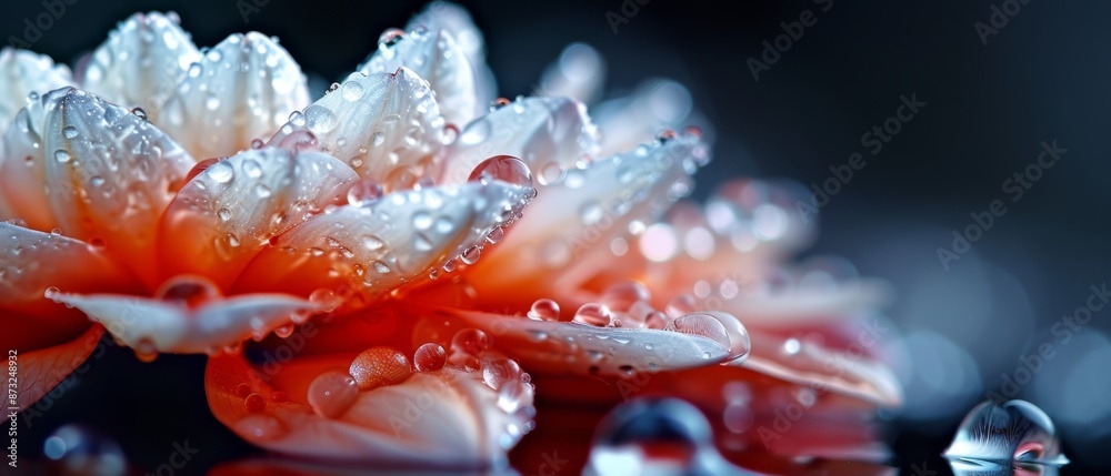 A red and white flower, close-up, with water droplets on its petals A red and white flower, close-up, with water droplets on its petals