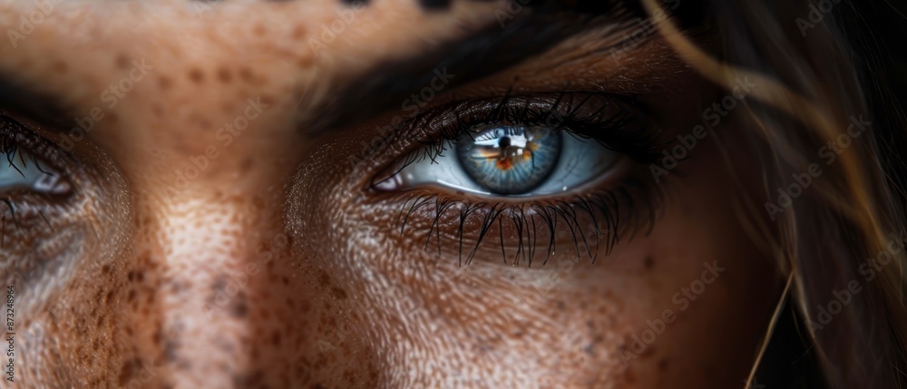  A tight shot of a woman's face with freckled skin on both her hair and blue eyes