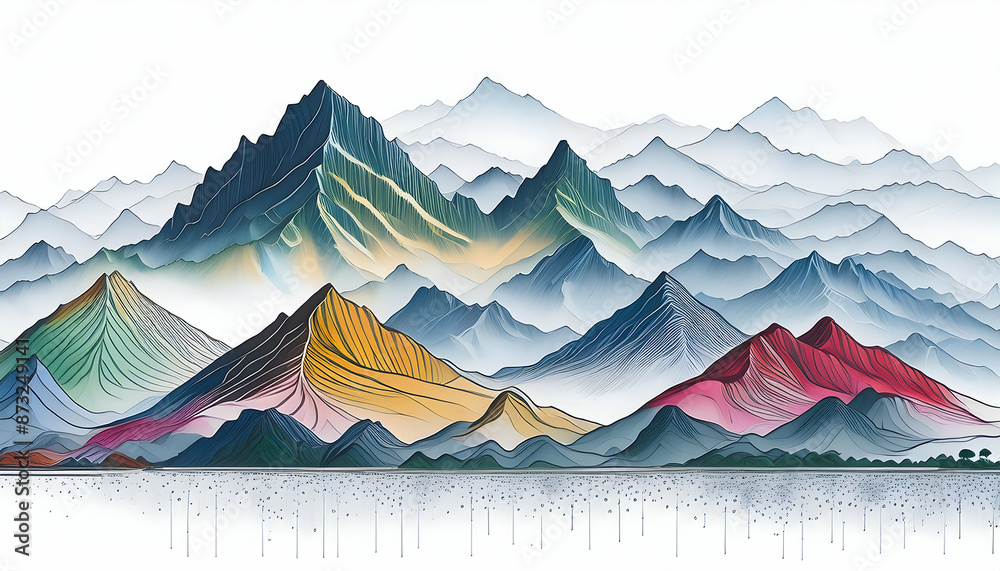 Abstract colorful shape on mountain peak and tree landscape on watercolor illustration painting background, Generative AI. Abstract colorful shape on mountain peak and tree landscape on watercolor illustration painting background, Generative AI.