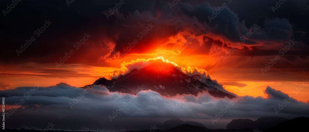 A mountain shrouded in clouds, with the sun sinking between its peaks A mountain shrouded in clouds, with the sun sinking between its peaks