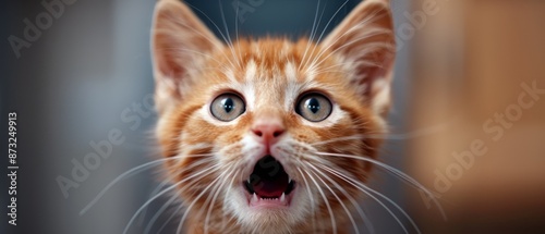  A close-up of a cat's face with its mouth agape