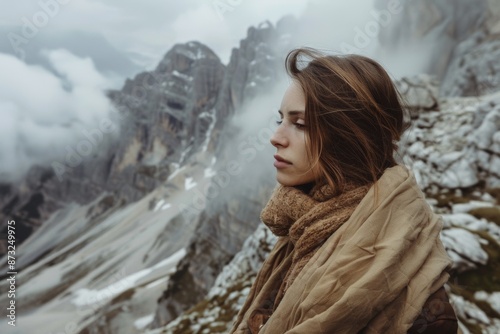 brunnete woman in mountain tour concept photo