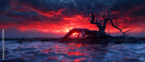  A solitary tree, rooted in the center of a tranquil body of water, as the sun sets behind it, casting long shadows, and clouds paint the sky with hues of