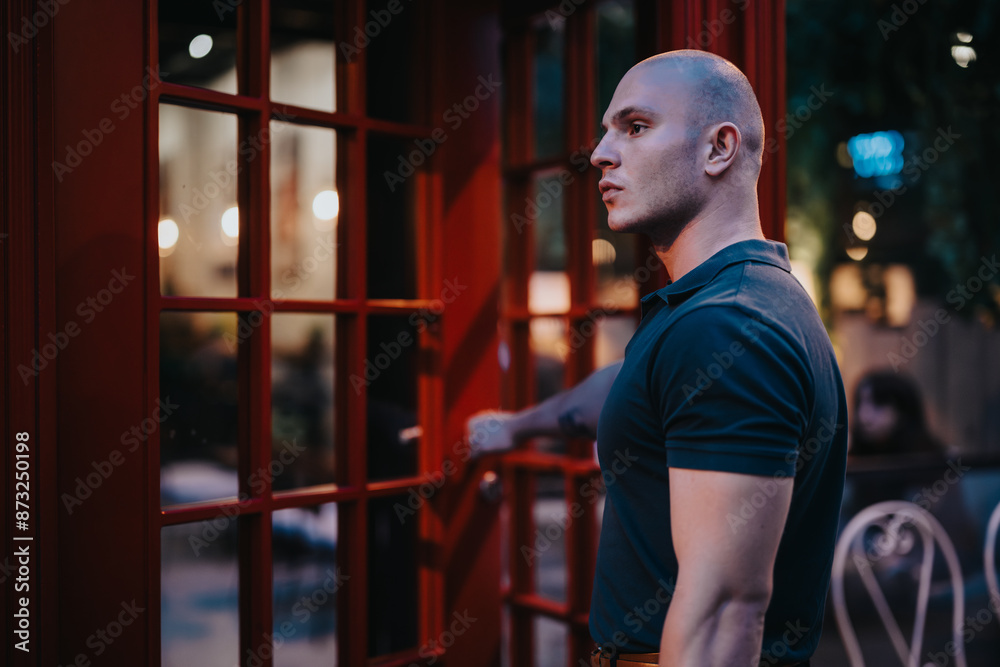 Young man opening the red door of a stylish restaurant or cafe during nighttime, exhibiting a sense of anticipation and exploration. Young man opening the red door of a stylish restaurant or cafe during nighttime, exhibiting a sense of anticipation and exploration.