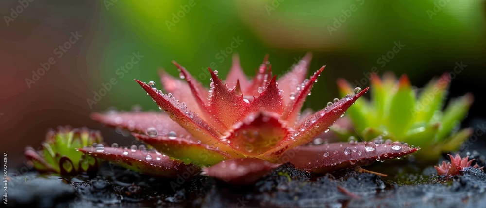 A tight shot of a tiny plant, adorned with water droplets on its leaves, against a softly blurred backdrop A tight shot of a tiny plant, adorned with water droplets on its leaves, against a softly blurred backdrop